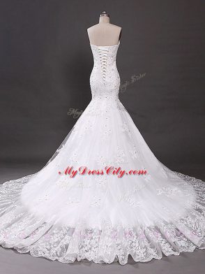 Best White Sleeveless Tulle Court Train Lace Up Bridal Gown for Wedding Party