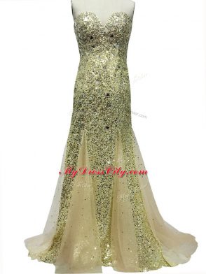 Olive Green Evening Dress Prom and Party and Military Ball and Sweet 16 with Sequins Sweetheart Sleeveless Brush Train Zipper