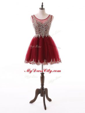 Custom Designed Wine Red Tulle Zipper Scoop Sleeveless Mini Length Prom Dress Beading and Lace and Appliques