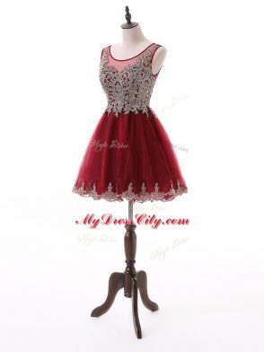 Custom Designed Wine Red Tulle Zipper Scoop Sleeveless Mini Length Prom Dress Beading and Lace and Appliques