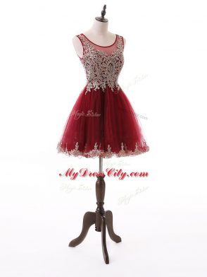 Custom Designed Wine Red Tulle Zipper Scoop Sleeveless Mini Length Prom Dress Beading and Lace and Appliques