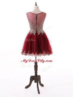 Custom Designed Wine Red Tulle Zipper Scoop Sleeveless Mini Length Prom Dress Beading and Lace and Appliques