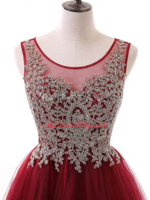 Custom Designed Wine Red Tulle Zipper Scoop Sleeveless Mini Length Prom Dress Beading and Lace and Appliques