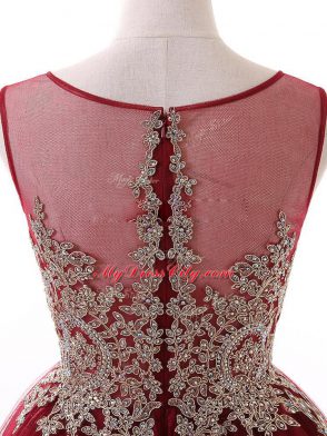 Custom Designed Wine Red Tulle Zipper Scoop Sleeveless Mini Length Prom Dress Beading and Lace and Appliques