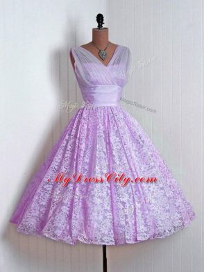 Admirable Lilac Lace Lace Up Vestidos de Damas Sleeveless Mini Length Lace