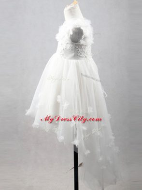 Extravagant White Tulle Lace Up Scoop Sleeveless High Low Flower Girl Dresses Appliques
