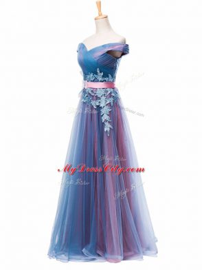 Sophisticated Multi-color Tulle Lace Up Homecoming Dress Sleeveless Floor Length Appliques and Ruching and Belt