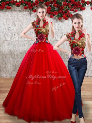Sophisticated Red Lace Up Sweet 16 Dress Appliques Sleeveless Floor Length