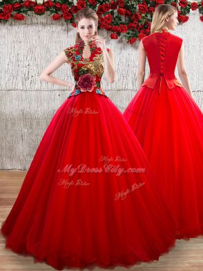 Sophisticated Red Lace Up Sweet 16 Dress Appliques Sleeveless Floor Length