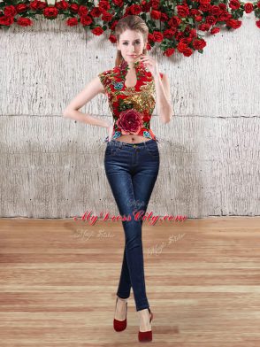 Sophisticated Red Lace Up Sweet 16 Dress Appliques Sleeveless Floor Length