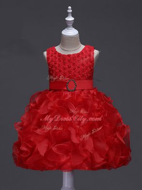 Custom Fit Red Lace Up Scoop Ruffles and Belt Little Girls Pageant Dress Organza Sleeveless