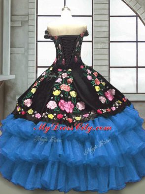 Popular Sleeveless Lace Up Floor Length Embroidery and Ruffled Layers 15 Quinceanera Dress