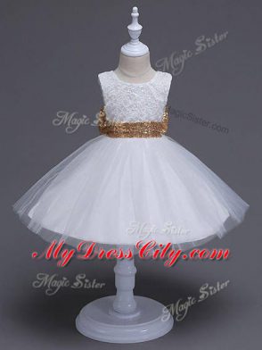 Inexpensive Tulle Sleeveless Knee Length Flower Girl Dresses and Lace and Bowknot