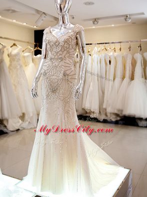 Deluxe Champagne Cap Sleeves Beading Backless Prom Evening Gown