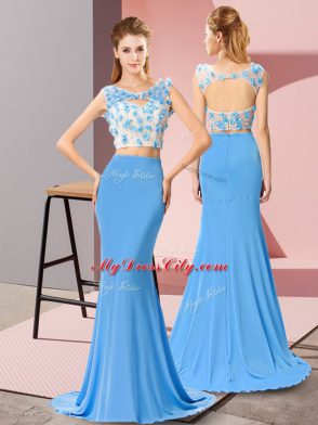 Excellent Scoop Sleeveless Brush Train Backless Oscars Dresses Baby Blue Chiffon