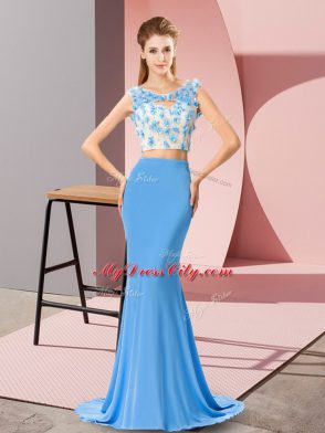 Excellent Scoop Sleeveless Brush Train Backless Oscars Dresses Baby Blue Chiffon