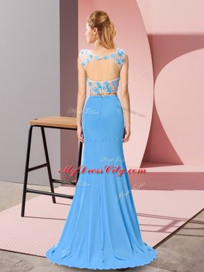 Excellent Scoop Sleeveless Brush Train Backless Oscars Dresses Baby Blue Chiffon