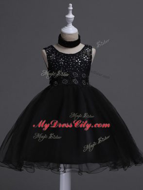 Sleeveless Organza Knee Length Zipper Kids Formal Wear in Black with Beading and Lace