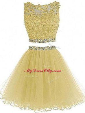 Dynamic Yellow Two Pieces Tulle Sweetheart Sleeveless Beading and Lace and Appliques Mini Length Zipper Prom Gown