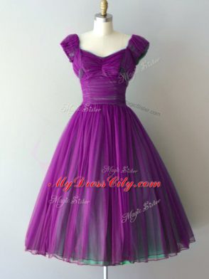 A-line Bridesmaid Gown Purple V-neck Chiffon Cap Sleeves Knee Length Lace Up