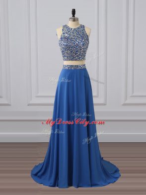 Popular Blue Scoop Neckline Beading and Sequins Evening Dress Sleeveless Zipper
