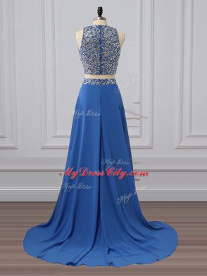 Popular Blue Scoop Neckline Beading and Sequins Evening Dress Sleeveless Zipper