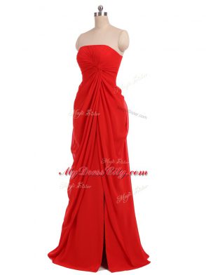 Red Chiffon Zipper Strapless Sleeveless Floor Length Quinceanera Dama Dress Ruching