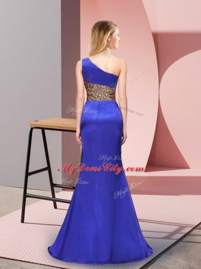New Arrival Column/Sheath Prom Dress Royal Blue One Shoulder Elastic Woven Satin Sleeveless Floor Length Side Zipper