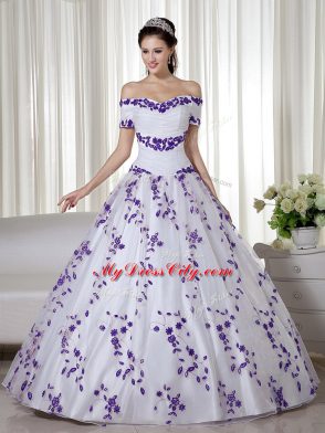 White Off The Shoulder Lace Up Embroidery Quinceanera Gown Short Sleeves