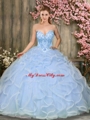 Delicate Light Blue Sleeveless Beading and Ruffles Floor Length Quince Ball Gowns