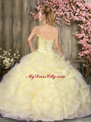 Delicate Light Blue Sleeveless Beading and Ruffles Floor Length Quince Ball Gowns