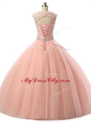 Blue Tulle Lace Up Scoop Sleeveless Floor Length Ball Gown Prom Dress Beading and Lace