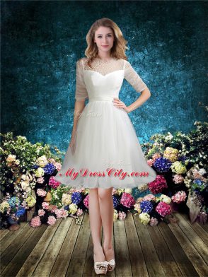 Scoop Half Sleeves Wedding Dress Brush Train Beading White Tulle
