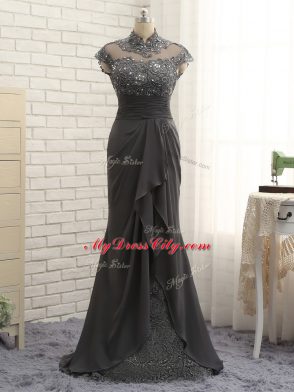 Simple Floor Length Column/Sheath Cap Sleeves Black Mother of Groom Dress Zipper