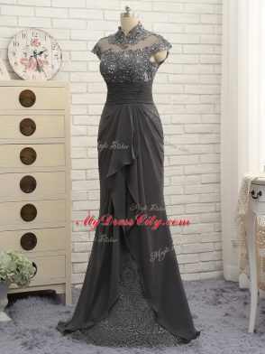 Simple Floor Length Column/Sheath Cap Sleeves Black Mother of Groom Dress Zipper