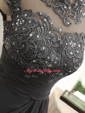 Simple Floor Length Column/Sheath Cap Sleeves Black Mother of Groom Dress Zipper