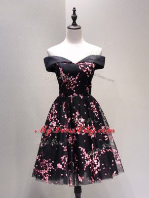 Tulle Off The Shoulder Sleeveless Lace Up Lace and Appliques Evening Dress in Black