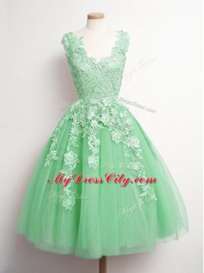 Green Sleeveless Knee Length Appliques Lace Up Wedding Party Dress