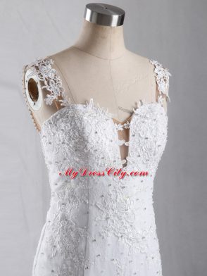 Traditional White Clasp Handle Straps Lace Wedding Gown Tulle Sleeveless Brush Train