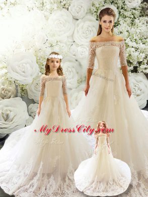 Luxury White Half Sleeves Tulle Court Train Lace Up 15 Quinceanera Dress for Wedding Party