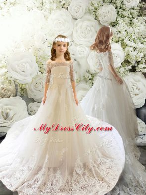 Luxury White Half Sleeves Tulle Court Train Lace Up 15 Quinceanera Dress for Wedding Party