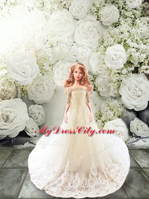 Luxury White Half Sleeves Tulle Court Train Lace Up 15 Quinceanera Dress for Wedding Party