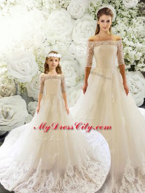 Luxury White Half Sleeves Tulle Court Train Lace Up 15 Quinceanera Dress for Wedding Party