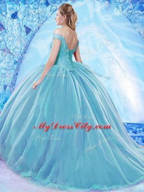 Blue 15th Birthday Dress Organza Brush Train Sleeveless Beading