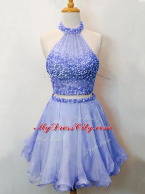 Knee Length Two Pieces Sleeveless Lavender Bridesmaid Dresses Lace Up