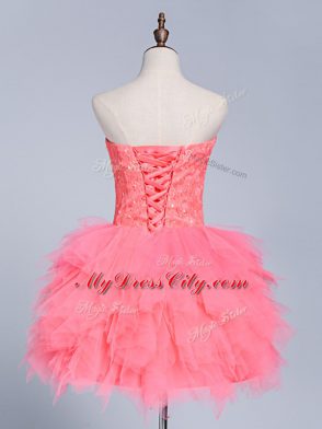 Beautiful Watermelon Red Tulle Lace Up Dress for Prom Sleeveless Mini Length Lace and Appliques