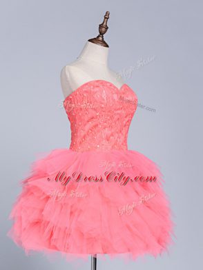 Beautiful Watermelon Red Tulle Lace Up Dress for Prom Sleeveless Mini Length Lace and Appliques