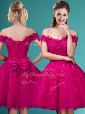 Fuchsia Cap Sleeves Tulle Lace Up Bridesmaids Dress for Prom and Party