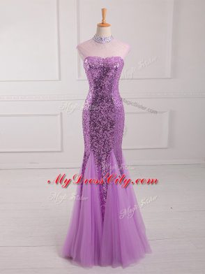 High Quality Lilac Tulle and Sequined Lace Up Halter Top Sleeveless Floor Length Womens Evening Dresses Beading and Sequins