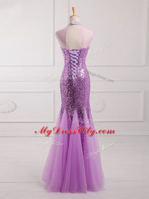 High Quality Lilac Tulle and Sequined Lace Up Halter Top Sleeveless Floor Length Womens Evening Dresses Beading and Sequins